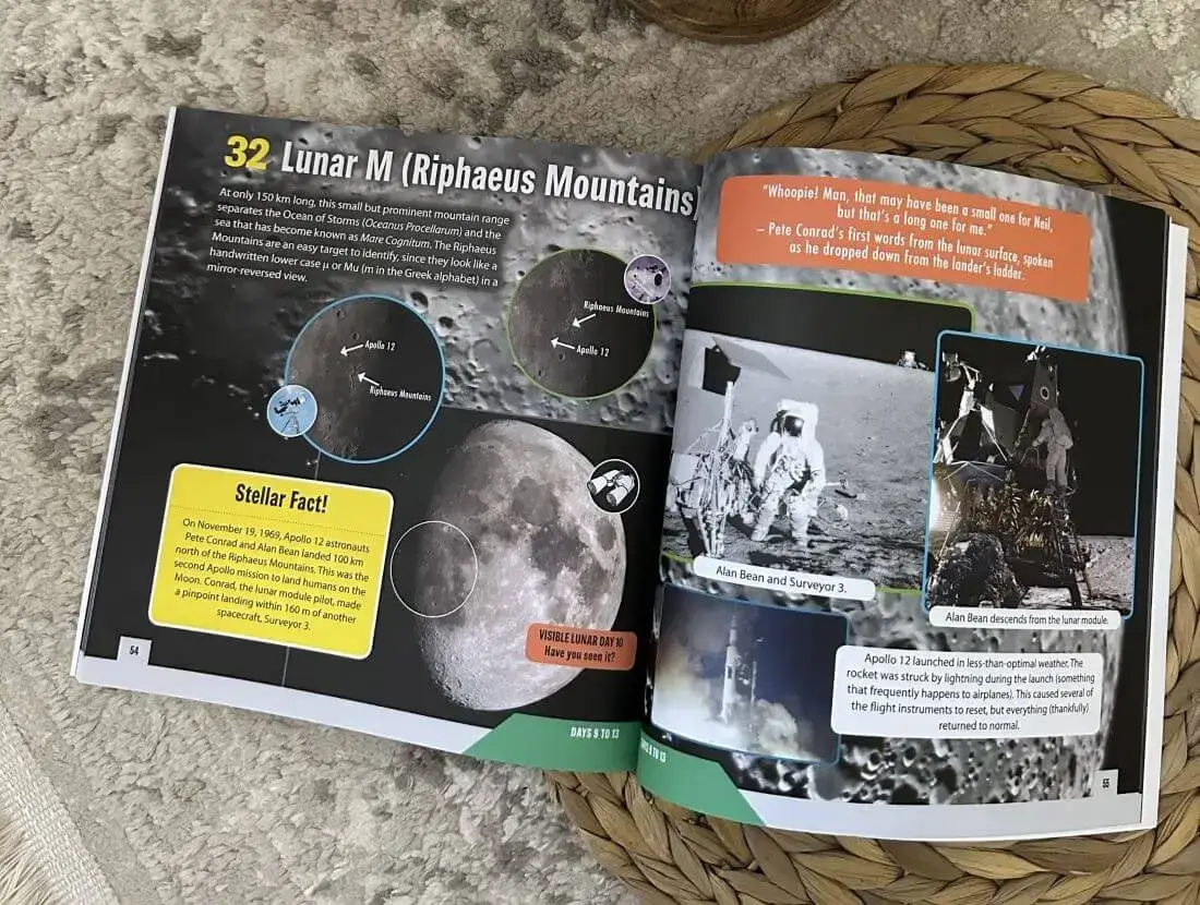 Inside the book showing lunar maps and crater descriptions